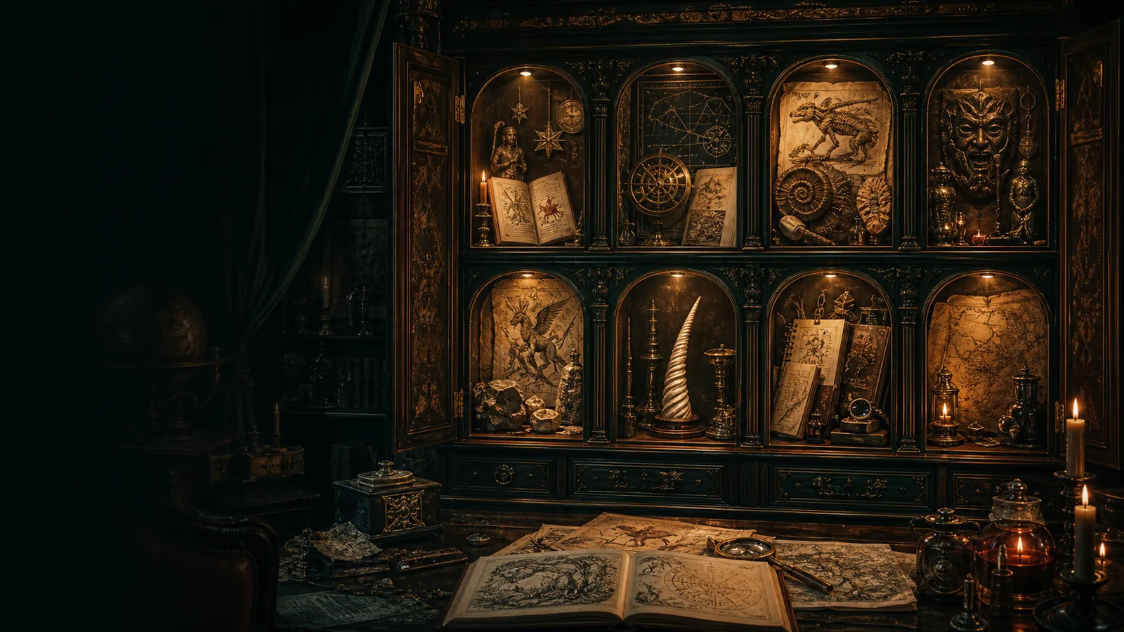 Candlelit cabinet containing scholarly curiosities
