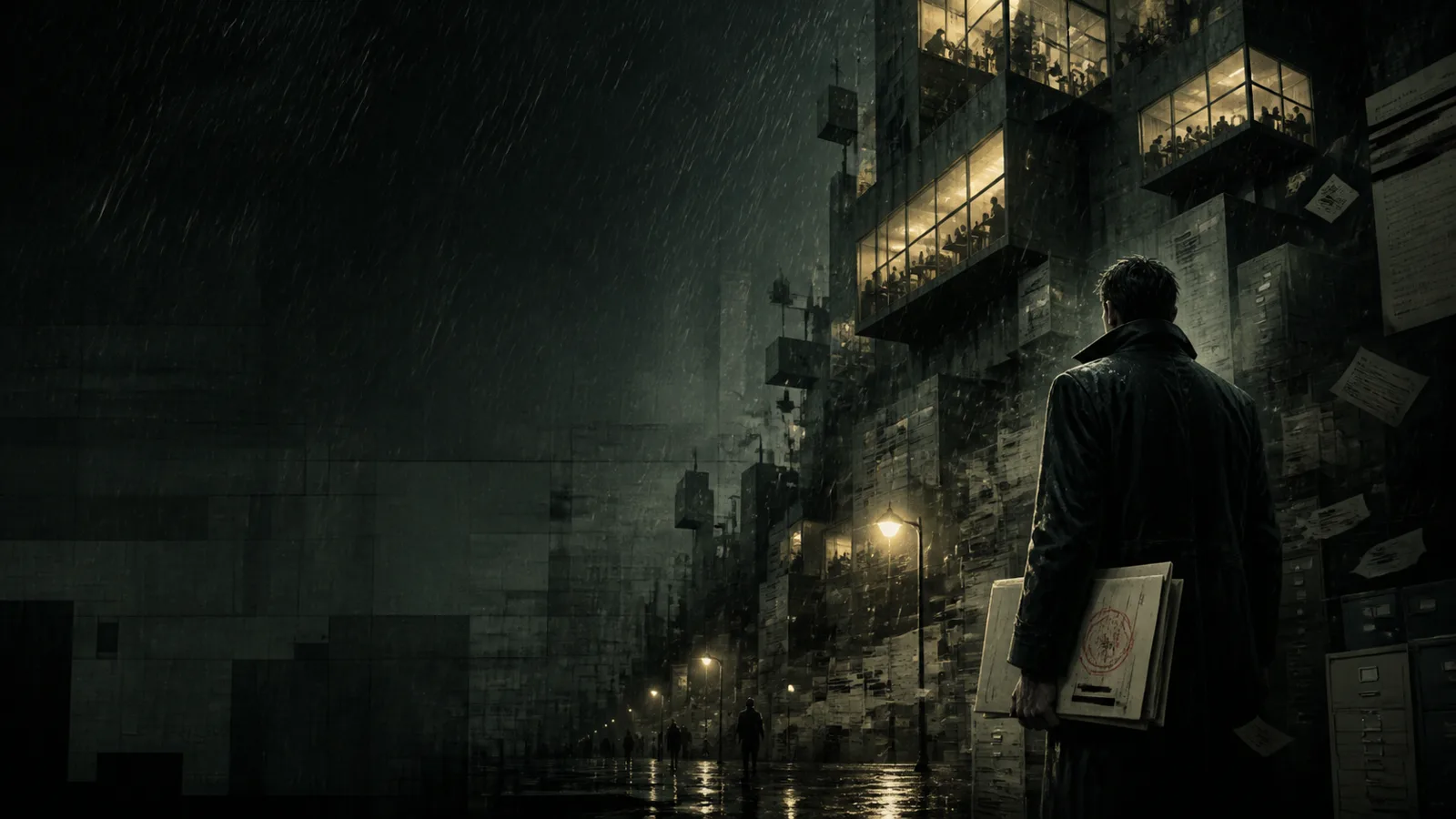 Investigator carrying a case file through a rain-soaked bureaucratic city