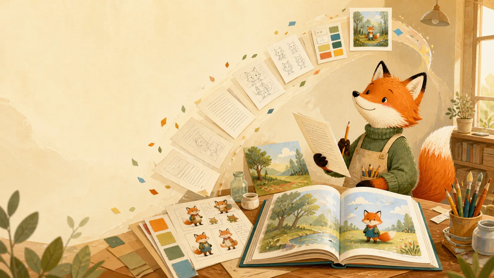 Illustrated fox assembling a storybook production workflow